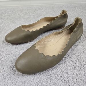 Chloe Lauren Scalloped Khaki Leather Ballet Flats Sz 39 9 Luxury Comfort Casual